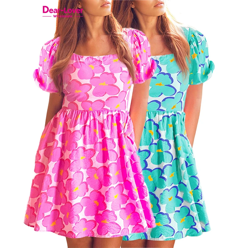 Dear-Lover Wholesale Elegant Casual Ladies Green Floral Print Square Neck Empire Waist Flowy Dress