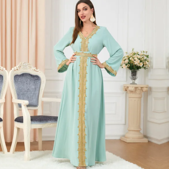 Hot Sell Women Elegant Deep V-neck Dress Gold Velvet Embroidery Muslim Dress Dubai Abaya Party Maxi Long Dress