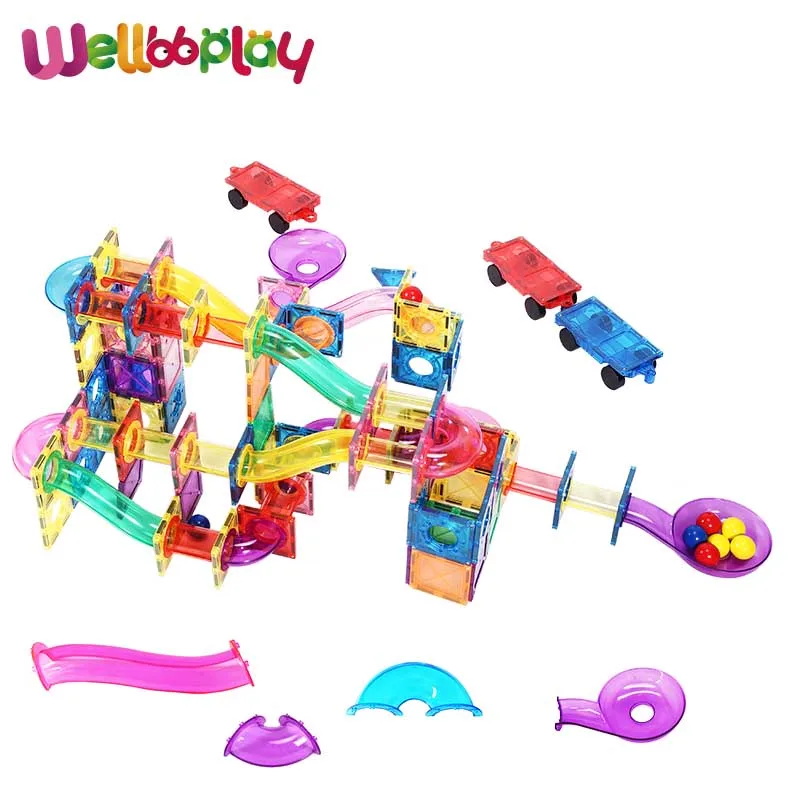 58pcs assemble toys run race track magnetic tiles with balls ,ABS magnetic building tiles blocks diy