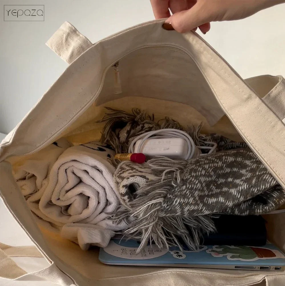 Large Canvas Tote Bag with Zipper and Pocket eco friendly cotton canvas tote bag