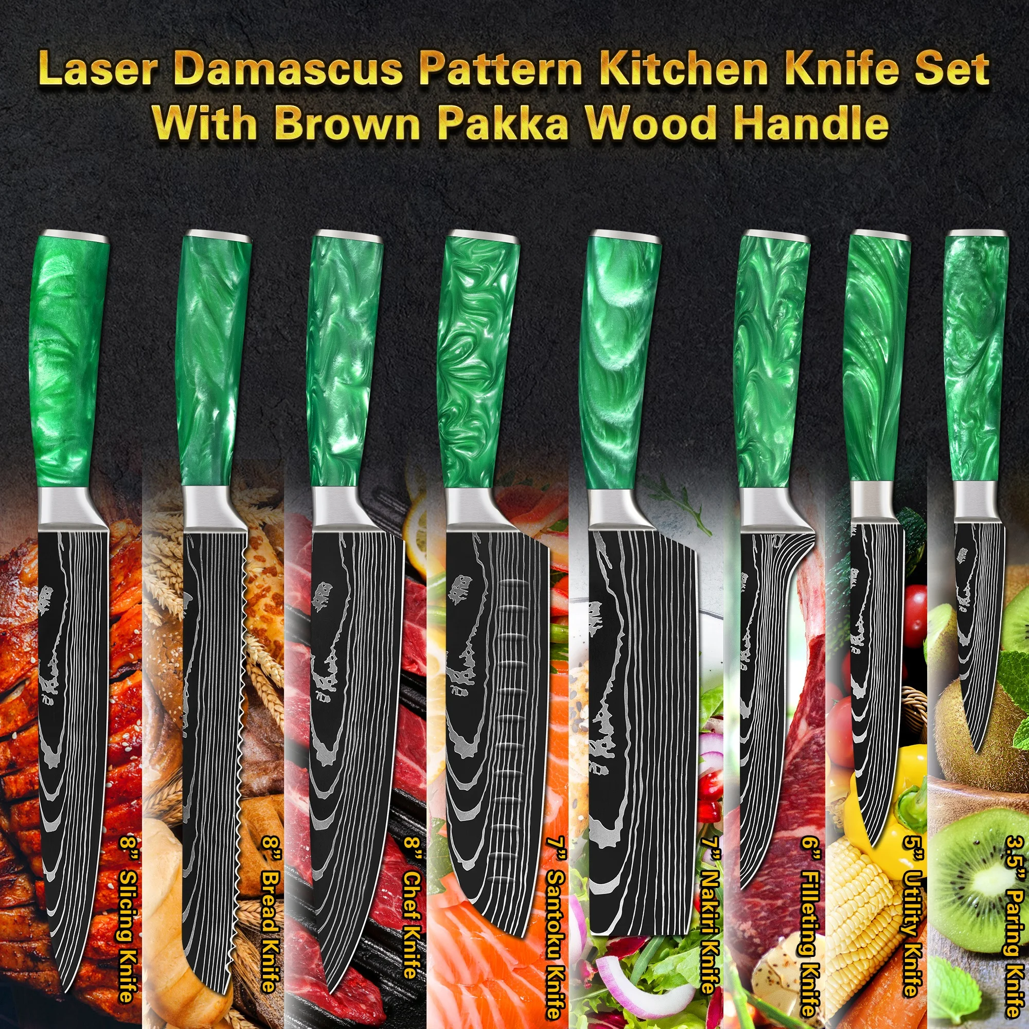 Профессиональный дамасский нож для хлеба из высокоуглеродистой нержавеющей стали с зеленой ручкой смолы логотипом на заказ скидка 10% 8 дюймов