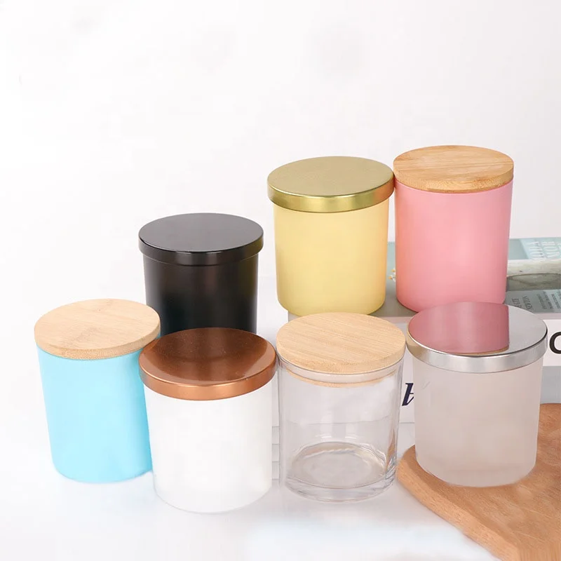 Cheap Wholesale 14 oz Decorative Clear Candle Jars for Candle Making Iridescent Black White Frosted Glass Candle Jar with Lids