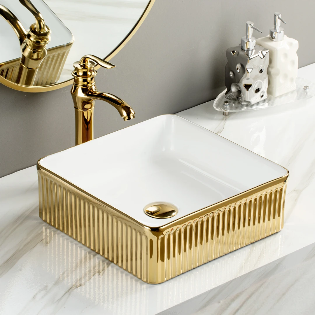 luxury bathroom golden sink ceramic counter top hand wash basin art sink