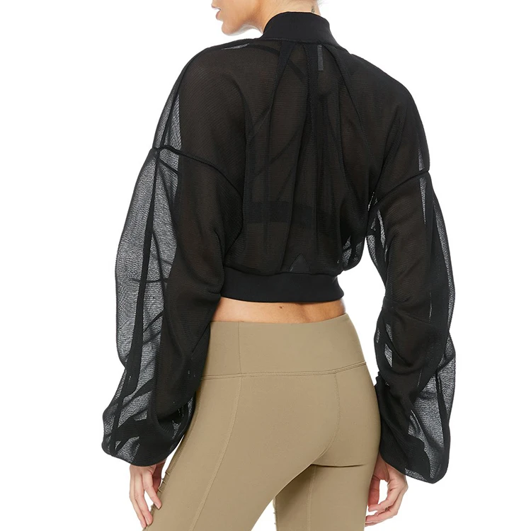 Hot summer Black gauze mesh long sleeve crop jacket  women fashion cropped sports jackets
