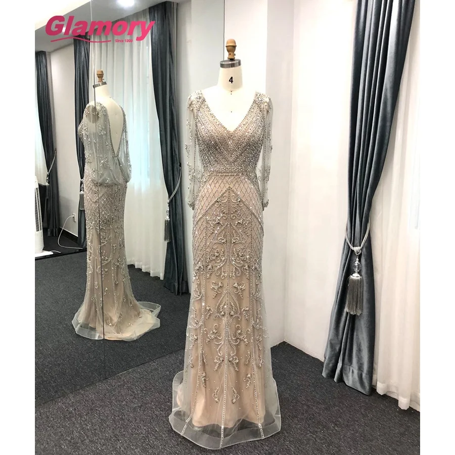 Silver 2020 NEW Design Sexy Hand Made Beading With Drape On Back V-Neck Mermaid Evening Dress