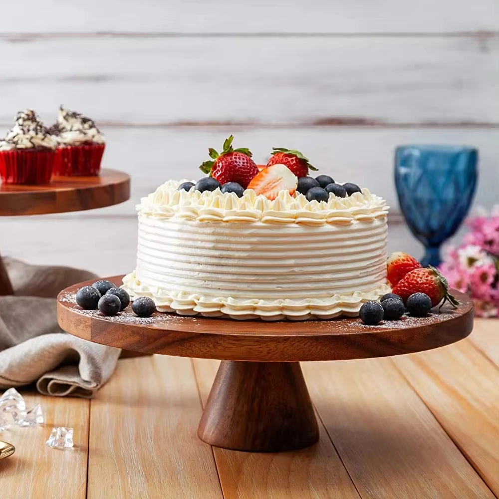 Wooden Cake Stand with Lid, Footed Round Cake Container As Serving Storage Tray Platter Holder Cover