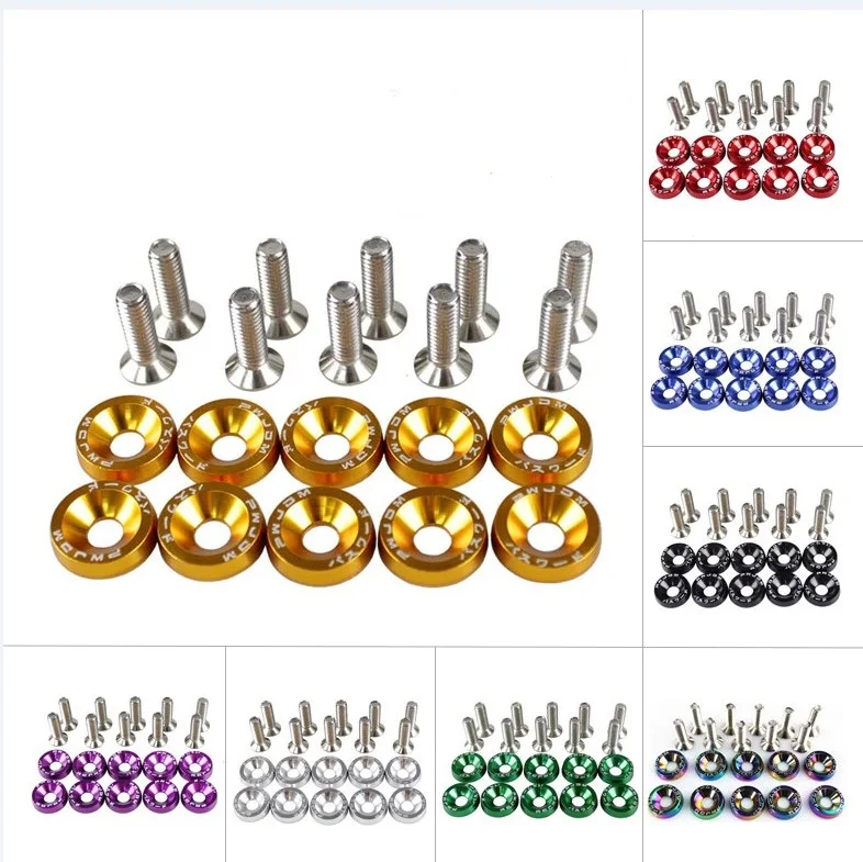 10 Pcs Aluminum Fender Bumper Washer Bolt, Engine Bay Dress Up Fastener Kit for Car License Plate Frame, Fender, Bumper, M6x20mm