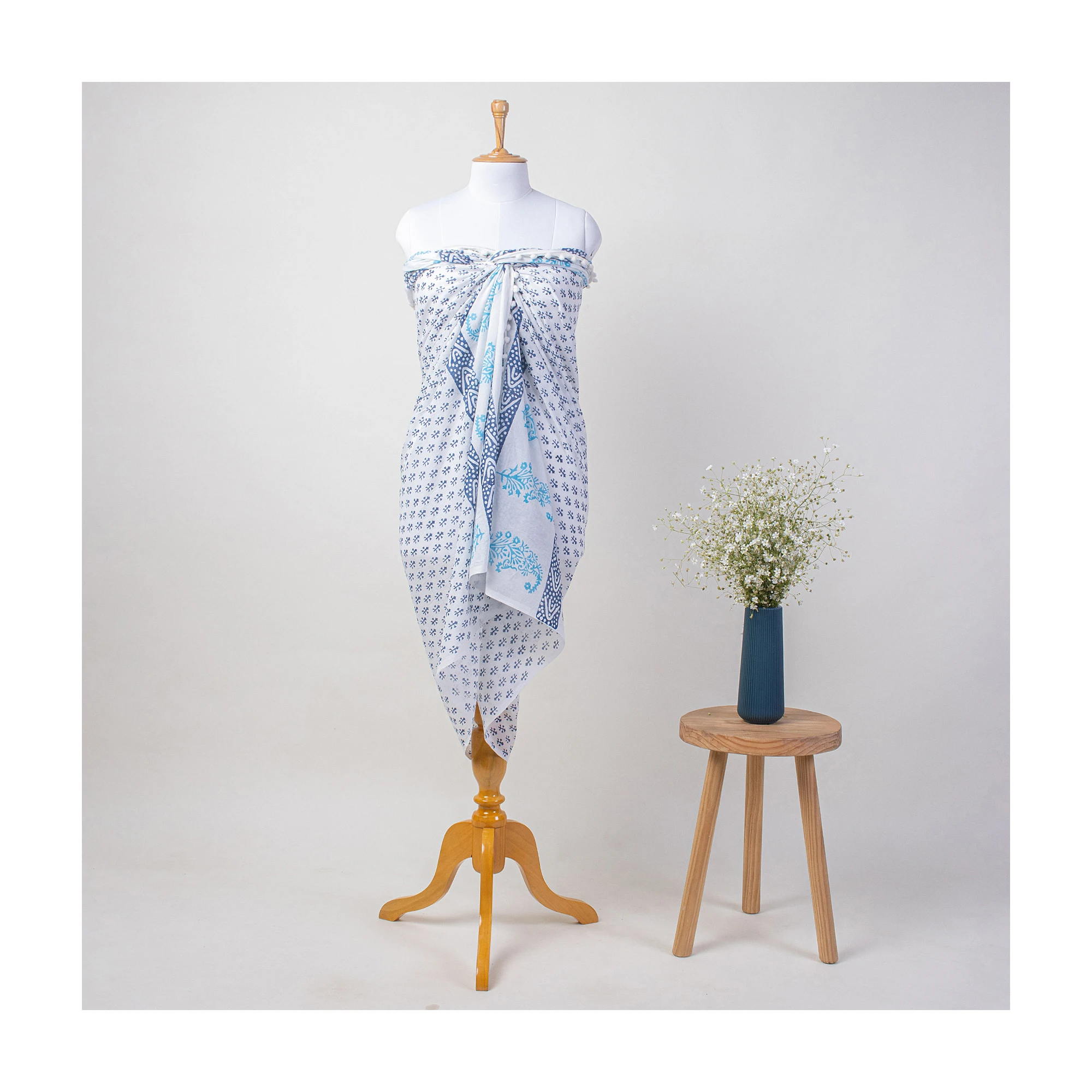 High Quality Custom Beach sarong coverup hand block print beach look white floral beautiful cotton sarong