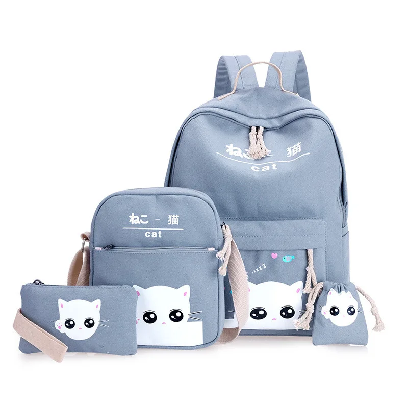 
4pcs/Set Cute Cat Canvas School Backpacks Bags for Kids Girls Boys Teenagers 