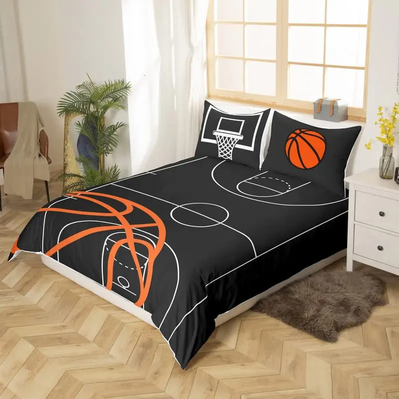 Basketball Court Print Bedding Set ,Ball Sports Games Themed Duvet Cover, Boys Game Room Decor Comforter Cover Orange Basketball