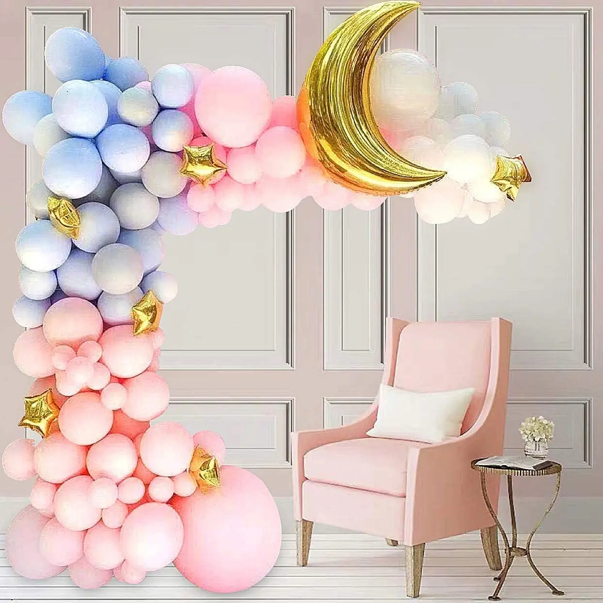 120PCs Balloon Garland Arch Kit Including Pink Blue White Balloons Gold Foil Stars Moon Party Decorations for Baby Shower