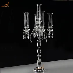 Popular 5 arms clear crystal candle stands glass hurricane candelabra weddings table centerpieces decorations