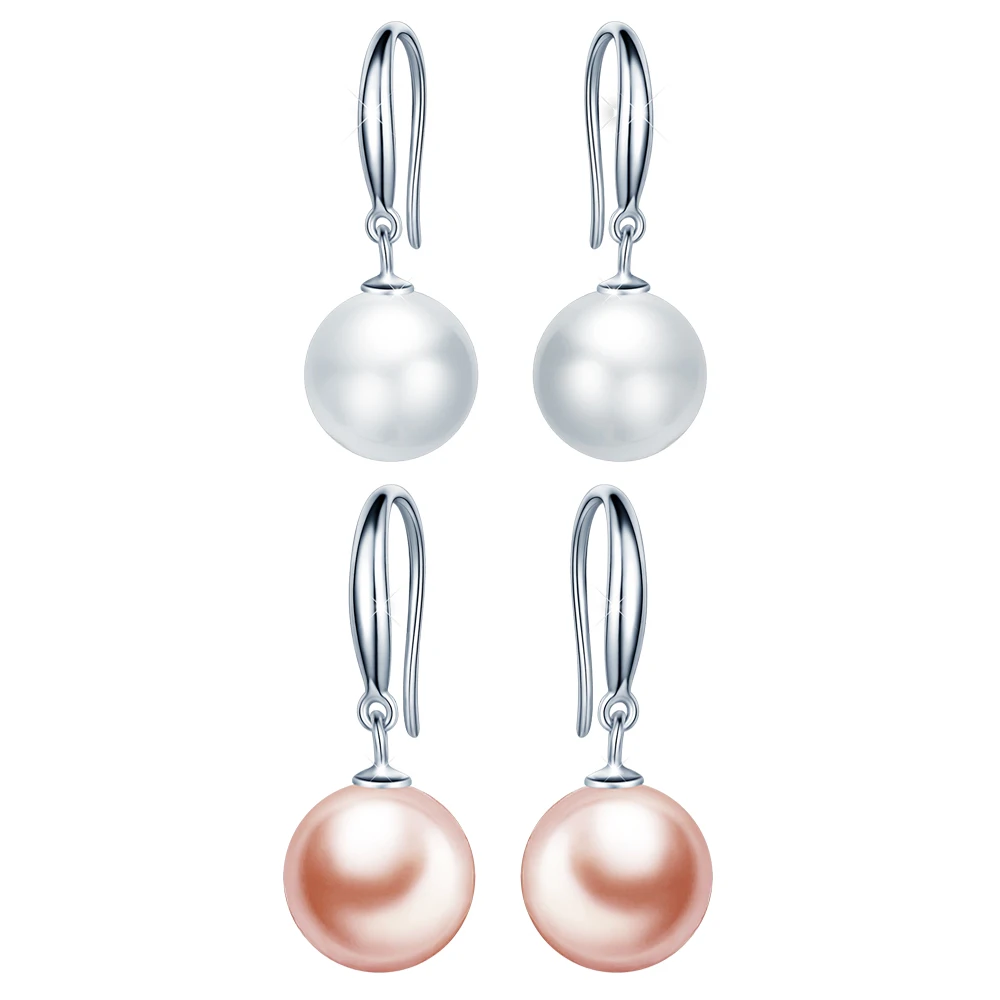 Pink White fine 10mm freshwater pearl Round shellfish Hanging 925 sterling Silver Women Hoop earrings