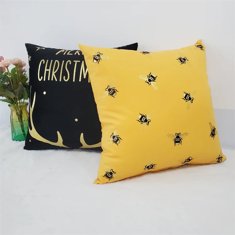 Cute Gold Stamp Bee Design Animal Cushion Cover Wholesale Velvet Throw Pillow Cover