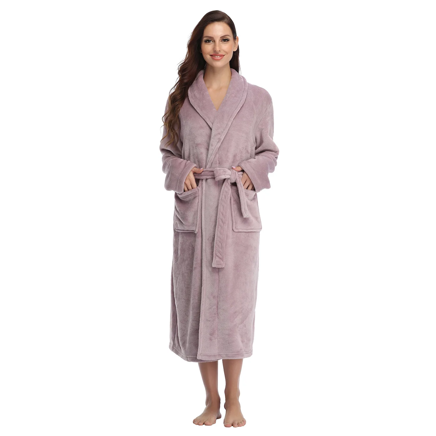 Aoyema Custom Luxury flannel fleece Shawl Collar bathrobes women Robe Sleepwear with Pockets and Waistband