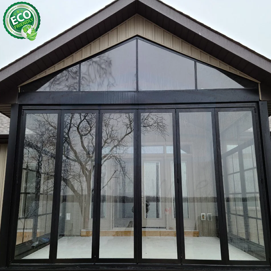 Heat Insulation Winter Glass Sunroom With Folding Door Easily Assembled Gable Style Aluminium Frame Sunroom Enclosures