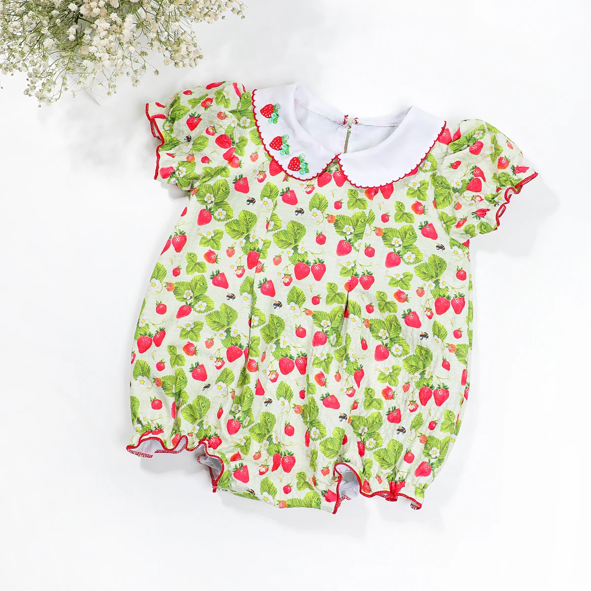 Puresun 2024 Boutique Wholesale Casual Summer Baby Romper strawberry embroidery on the collar
