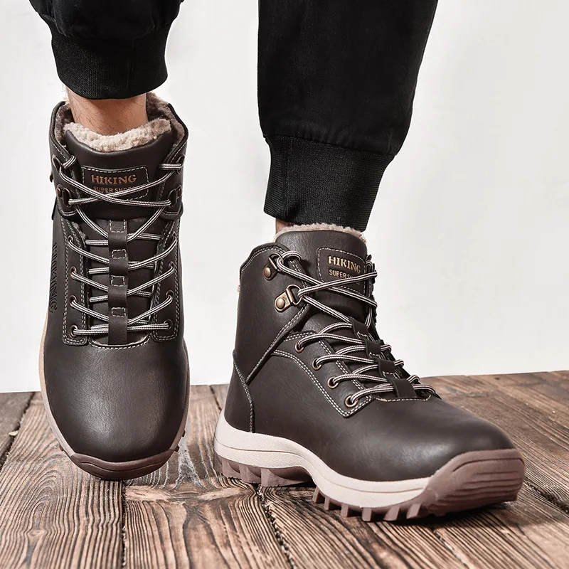 Winter Anti-Slip Leather Warm Snow Hiking Boots Water Resistant Shoes Fur Lined for Mens