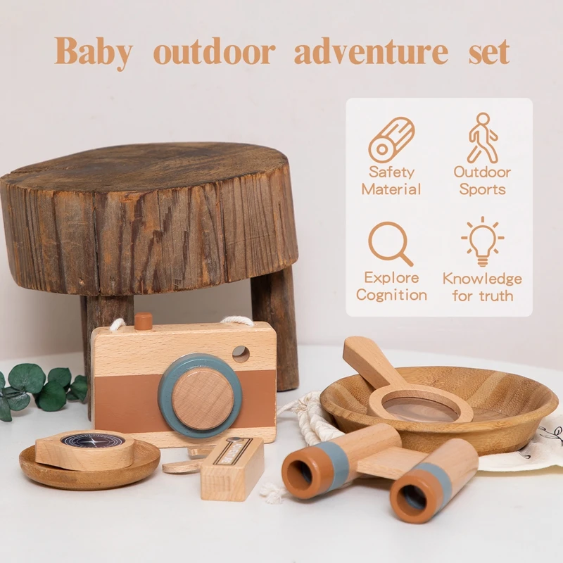 5pcs Outdoor Adventure Set DIY Science Engineering Wooden Toys Including Camera Magnifying Glass Telescope Compass Wooden Knife