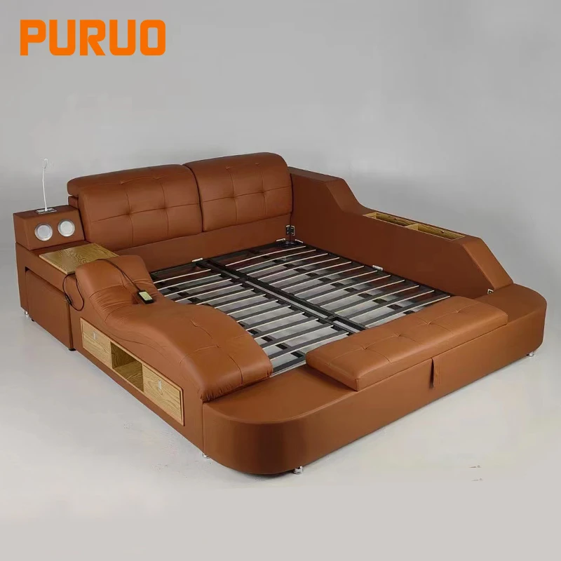 PURUO Luxury smart bed multifunction king size bed set sheet platform message bed with speaker