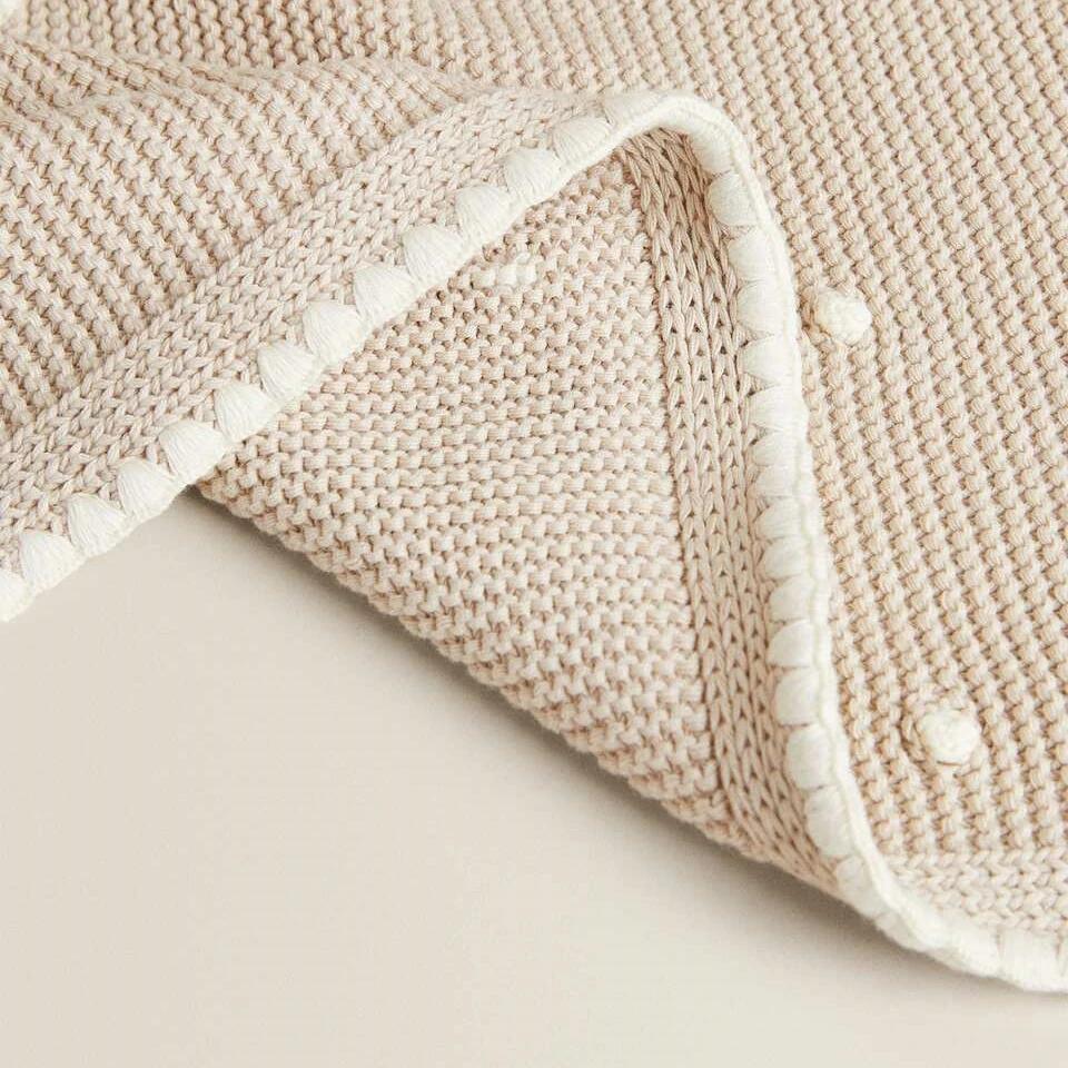 100% cotton plain knit baby handmade crochet edge pom pom throw blanket for kids QY