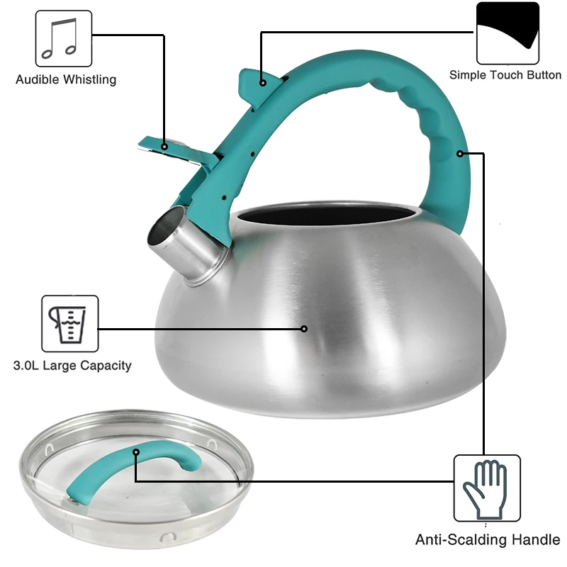 Factory Price Silicon Heat Resistant Handle Polished Tea Pot Stainless Steel Whistling Kettle