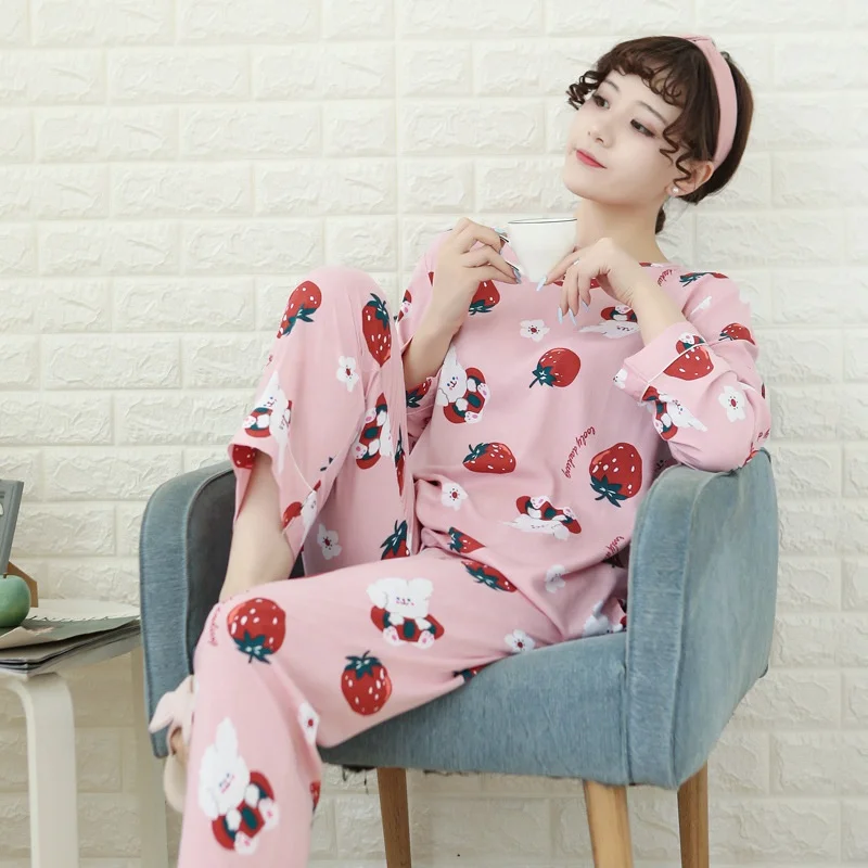 People cotton pajamas spring and autumn ladies long-sleeved trousers home service suit round neck loose large size