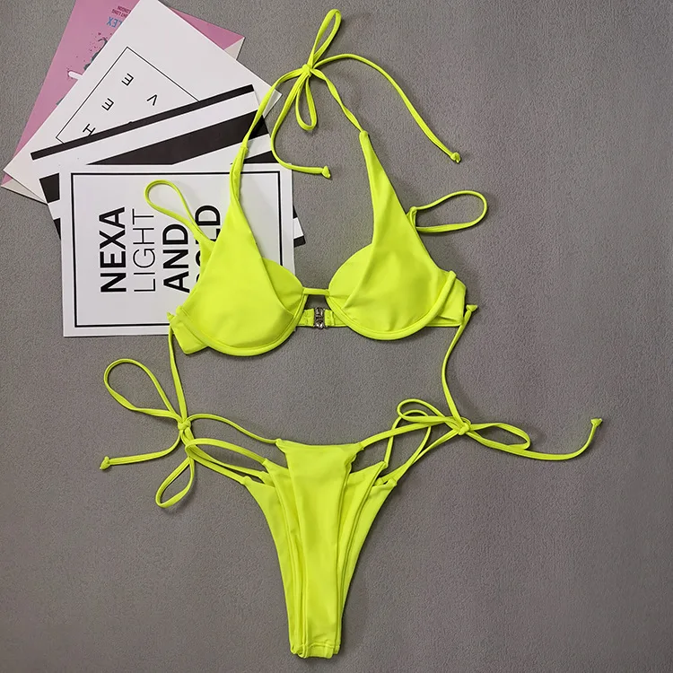 2022 Neon Two-pieces Swimwear Underwire Bather Bathing Suit Sexy Thong Bikini Swimsuit