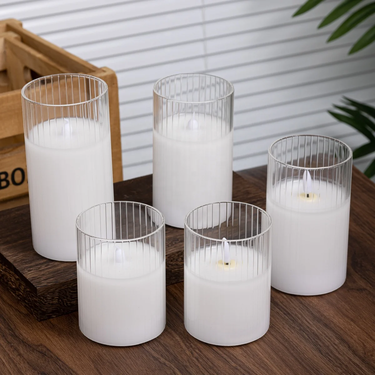 Striped Roman column Glass Jar Led Wax Candle Simulated Led Candle with Moving Wick Flameless for Romantic Wedding Decorative