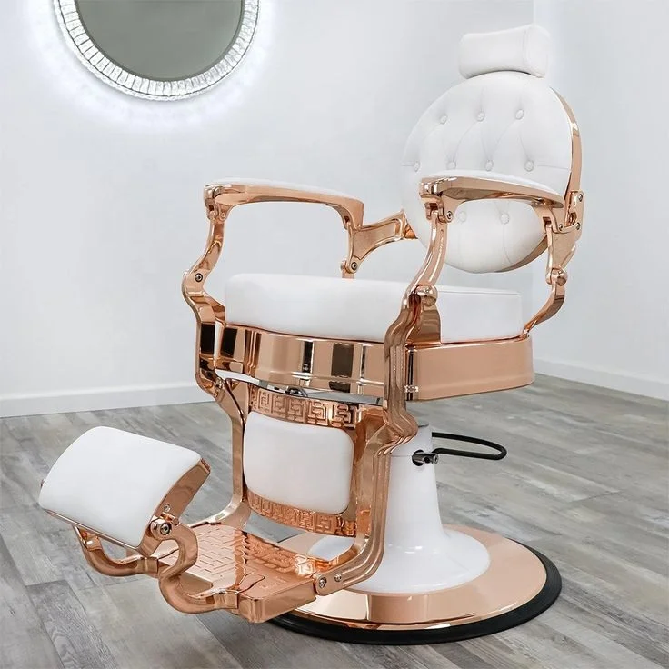 Luxury Antique White Salon Chair Gold Base Barbershop Rotating Barber Styling Chair For Sale