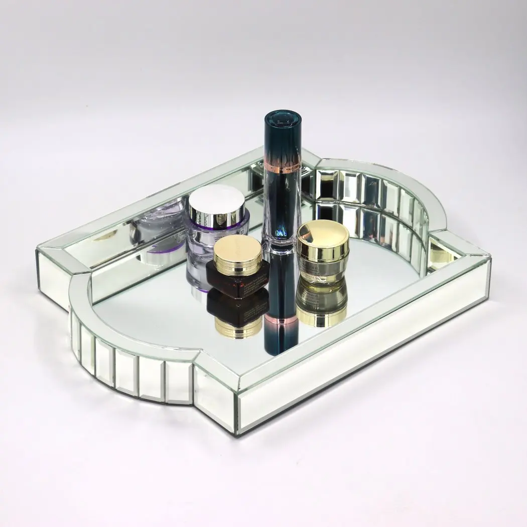 Silver Mirror Tray Bling Decorative Mirror Organizer Arc-Shaped Mosaic Mirror Handle Vanity Tray Coffee Table Serving