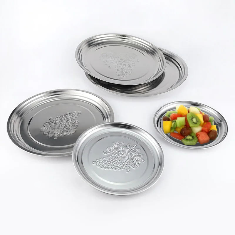 Luxury stainless steel round service tray grape embossing service dish food tray