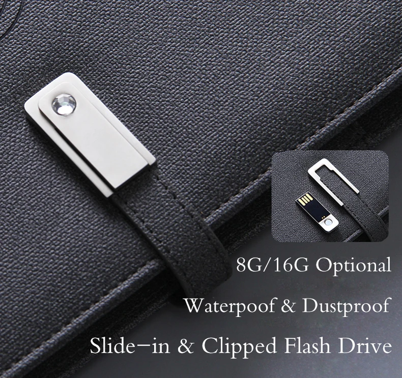 Hi-tech A5 blue leather wireless charging notebook with 8000 mah powerbank and 16G USB flash drive