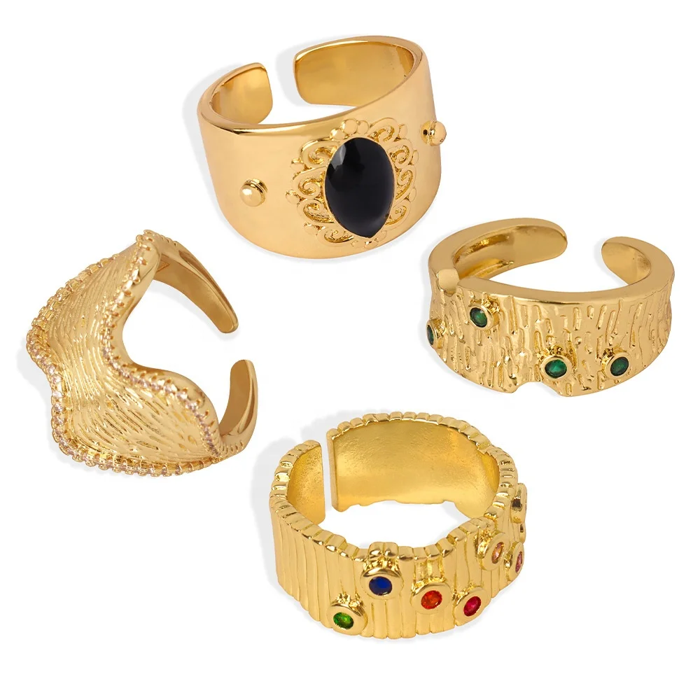 AIZL Reason Energy Jewelry Zircon Enamel Adjustable Ring 18K Gold Plated Stainless Steel Geometric Open Ring Set