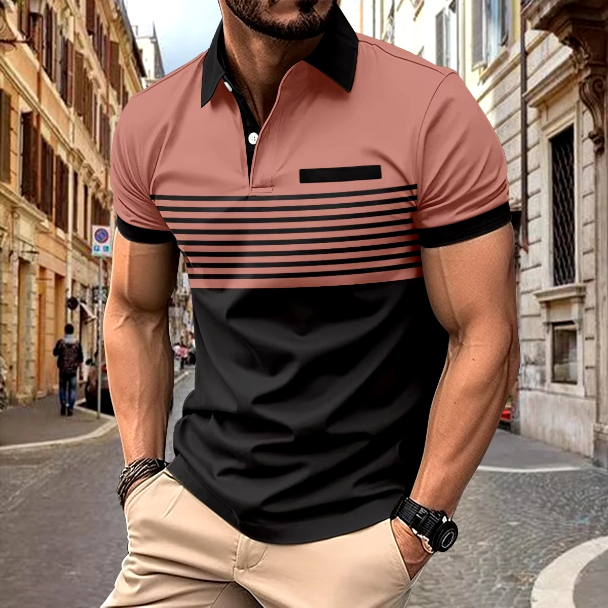 2024 Summer New Mens Slim Casual Polo Shirt Color Matching T-shirt for Man T-shirt Chest Button Printed Striped Short Sleeve