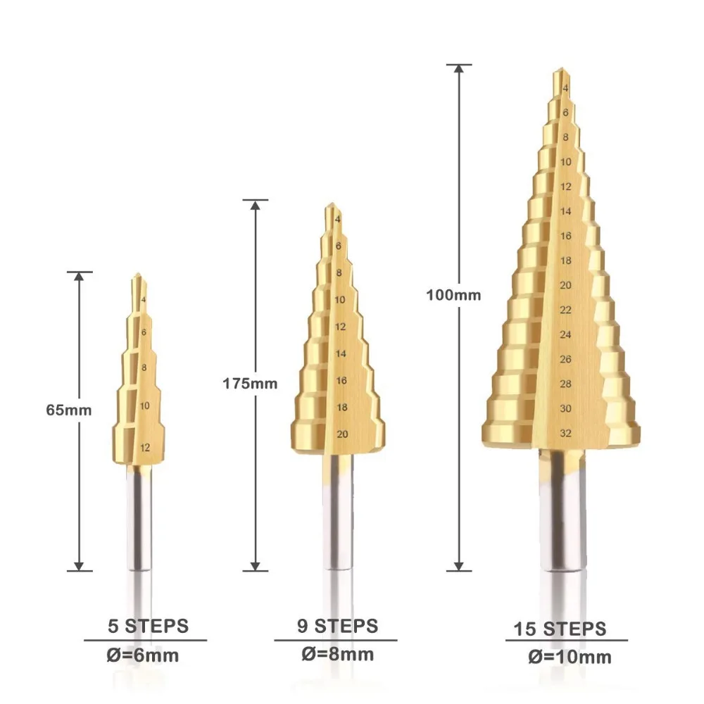 
Free Shipping 4-12/20/32 Titanium Coated Cone Drilling Power Tools for Metal High Speed Steel Wood Hole Cutter Step Drill Bit 