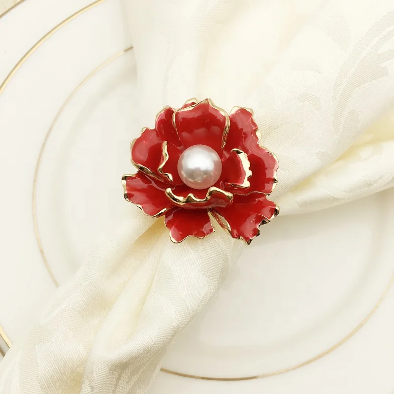 Popular Pearl Flower Napkin Rings Gold Metal Napkin Ring Holder Red Enamel Flower Wedding Napkin Rings HWW04