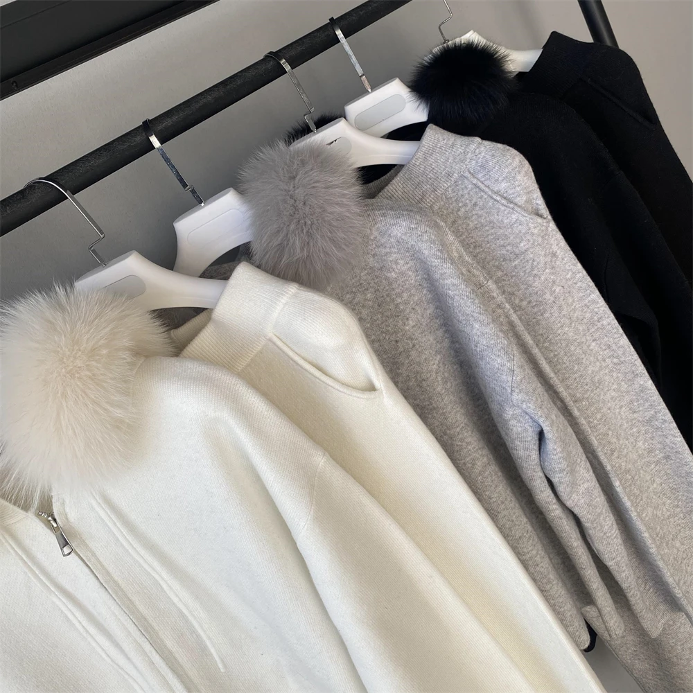 Fall Outfits Luxury Real Fur Collar Hooded Cardigan Long Wide Leg Pants Custom Winter Soft Wool Knit 2 Piece Sweater Set Women