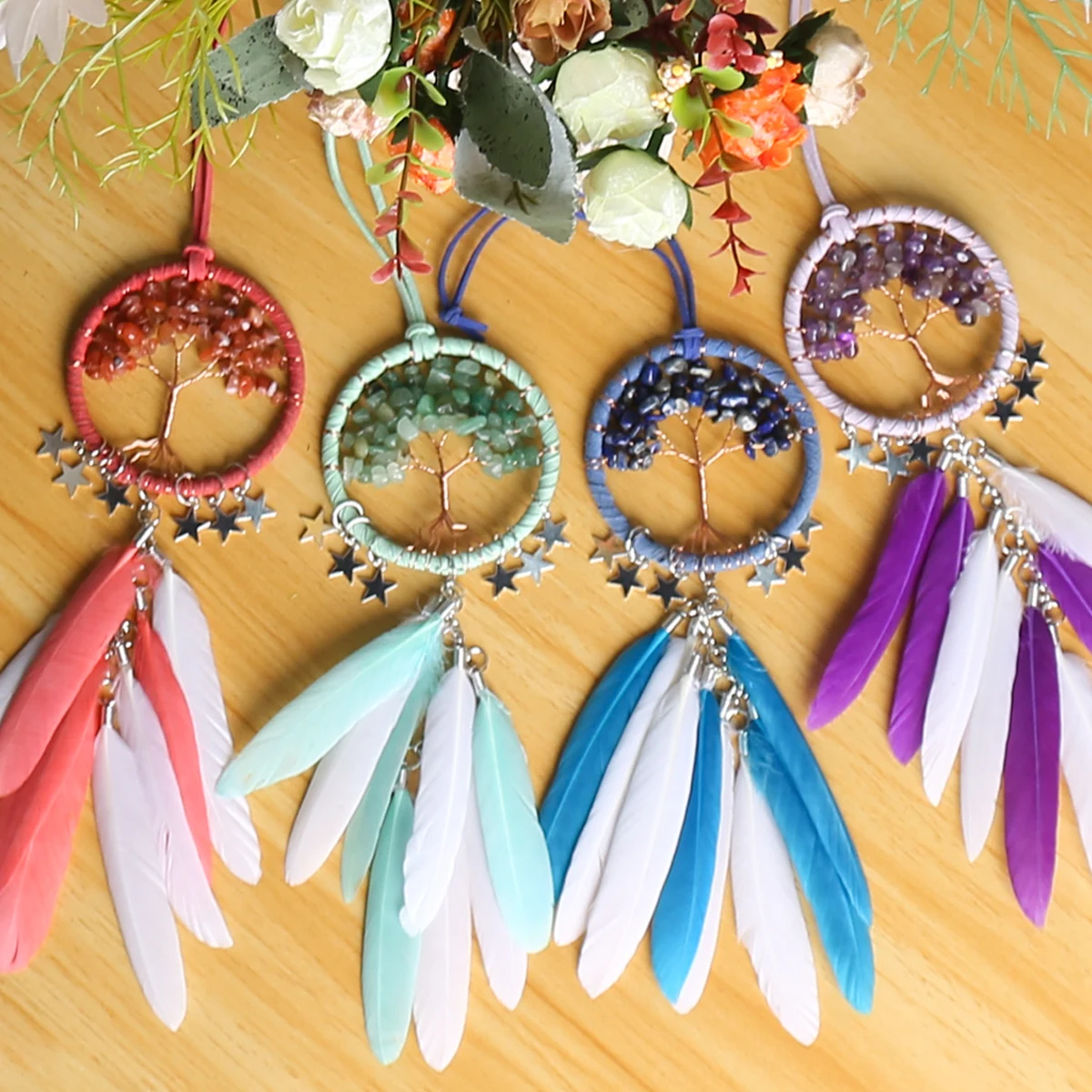 India Handmade Feathered Dream Catcher Macrame Art Decor Car Decoration Wall Hanging for Girls Tree of Life Dream Catcher