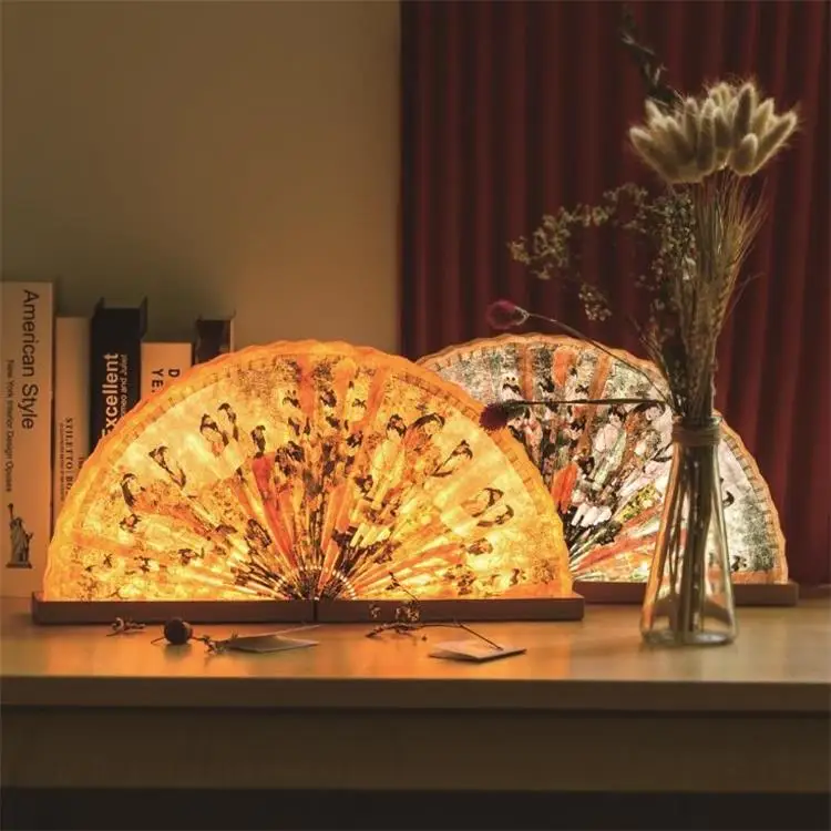 
2021 lamps home decor hotel USB wireless rechargeable fan shape wood lamp ambient light custom antique lamp 