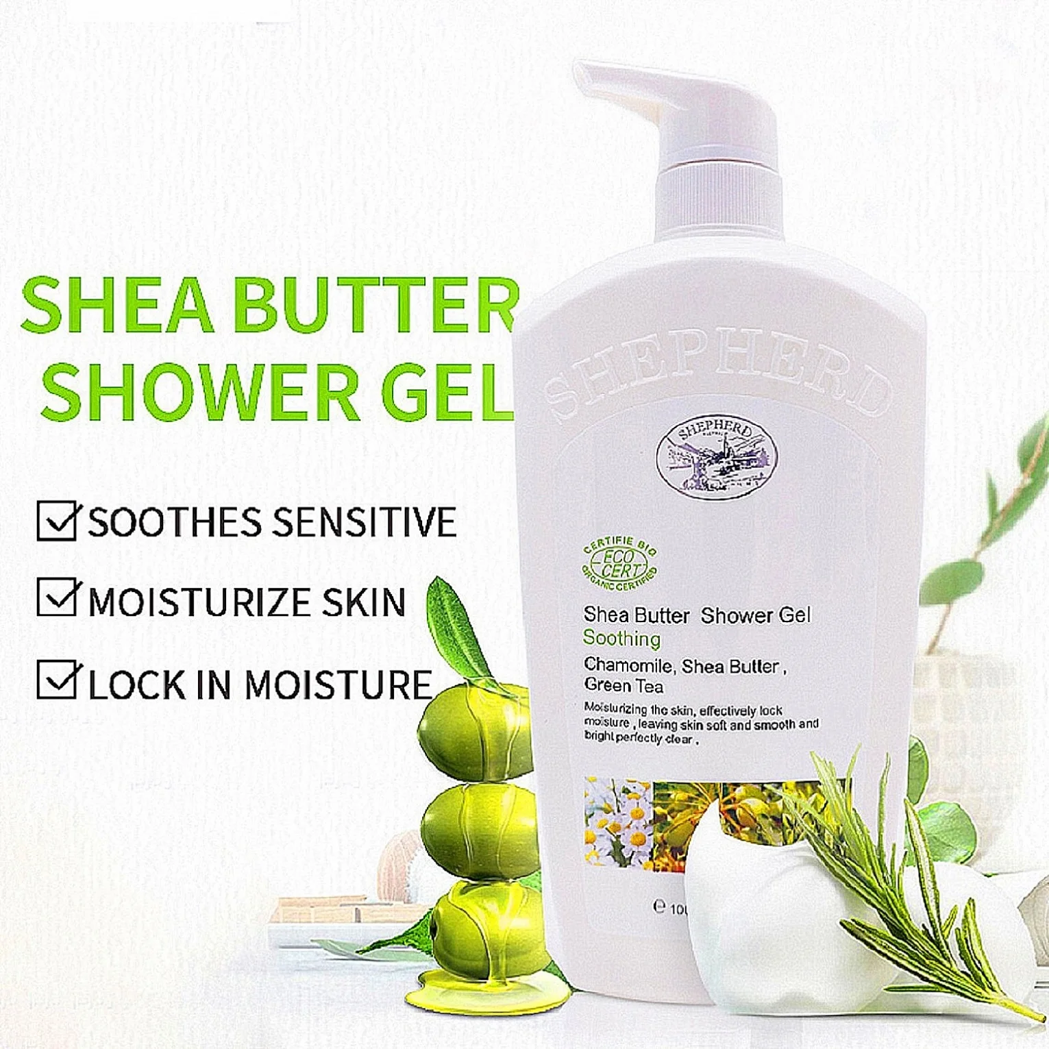 custom chamomile plant extract shea butter ultra moisturizing cream bath private label cheap price blossom shower gel