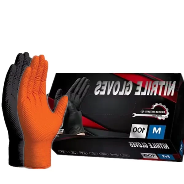 2024 Best Seller Industrial Mechanical Heavy Duty Powder Free 8mil Black Orange Diamond Grip Work Nitrile Gloves