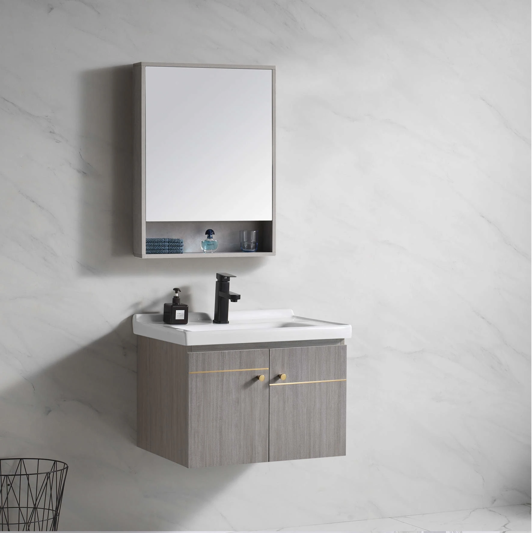 Factory direct sale modern designs PVC waterproof bathroom cabinet sinks pvc bathroom vanity with wall mirror