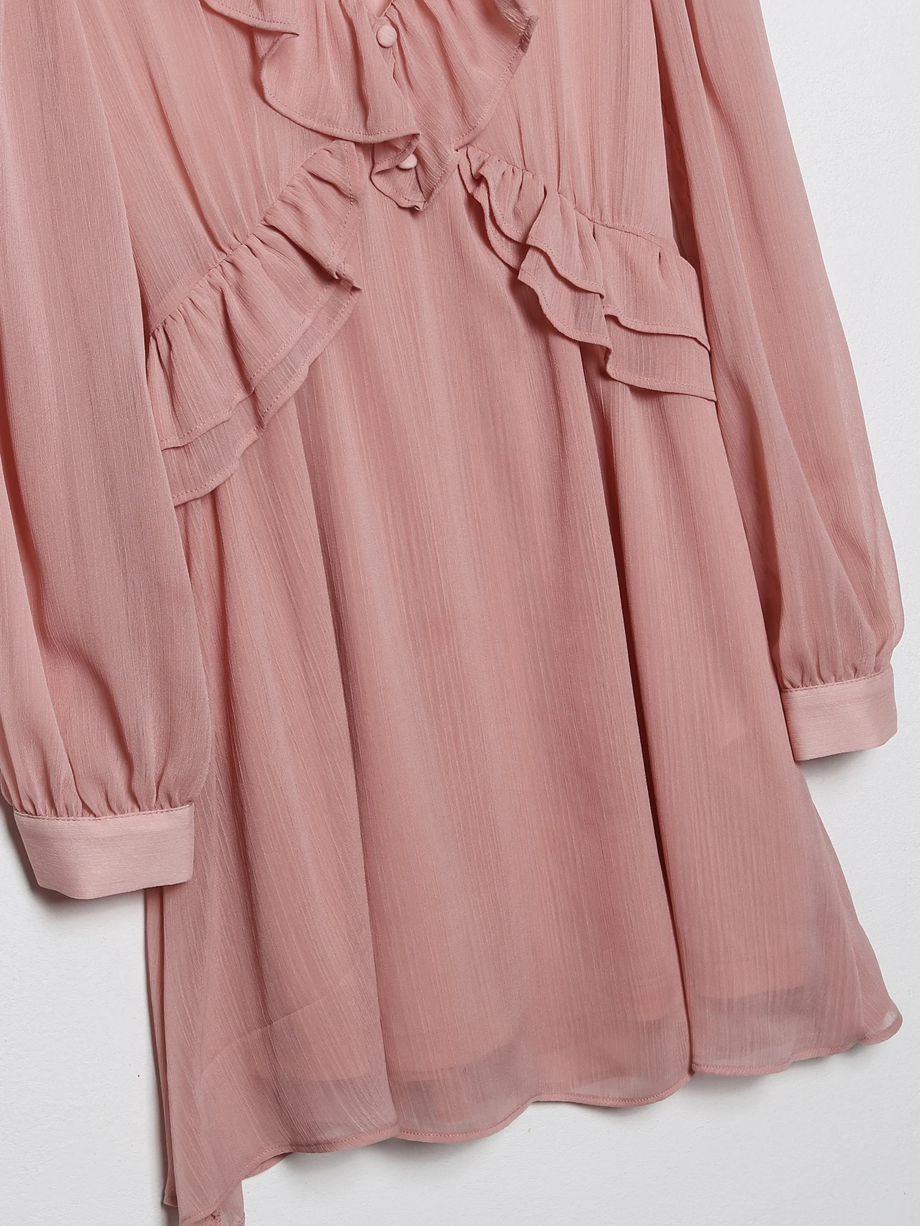 V neck solid color long sleeve front ruffle casual fashion mini dress for women