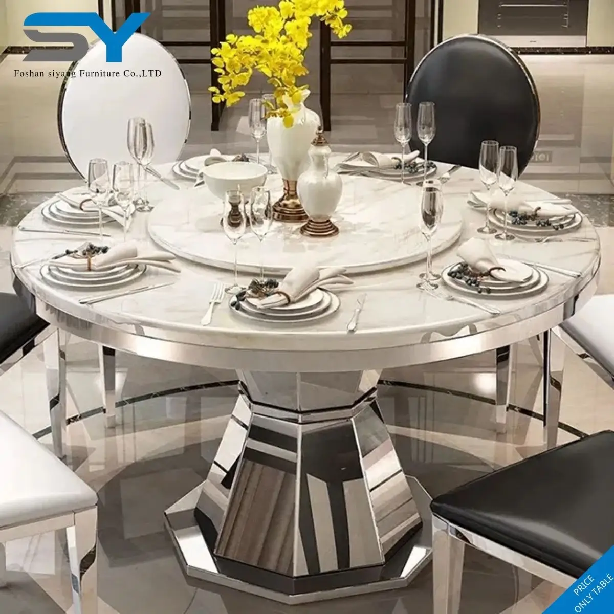 India luxury wholesale stainless steel round marble dining table set for glass dining table set