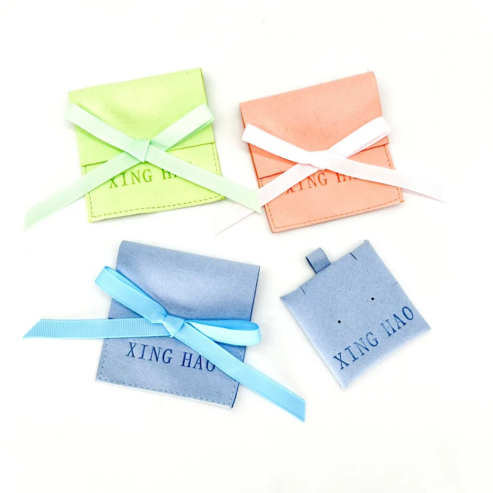 Luxury Custom Emboss Jewelry Bag Packaging Microfiber Flap Envelope Insert Pad Necklace Bracelet Jewelry Pouch With Ribbon Tie