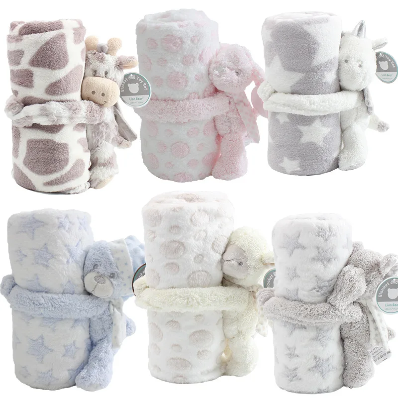 Creative cute plush 100%polyester 100*75 cartoon toy dual-use comfort doll blanket for baby