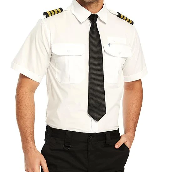 
White Classic Plain Short Sleeve Mens Pilot Uniform Shirts with Epaulette Airline Pilot Uniform 
