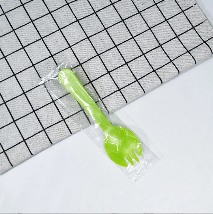 100pcs/pack 115mm Small Disposable Colorful Plastic Fork Spoon for Ice Cream Dessert Cake Independent Packaging