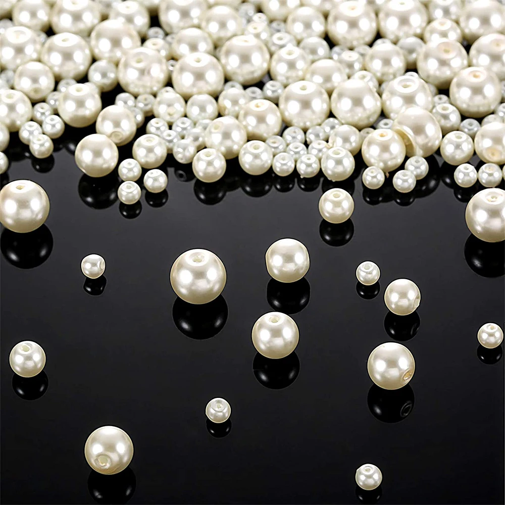 Craft Kit Ivory White Artificial Pearl Beads DIY Set Include Stretchy Crystal Cord 4 Pieces Beading Needles for Jewelry Making